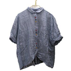 Women's Blouse Blue White Stripes Colored Buttons One Size NWT